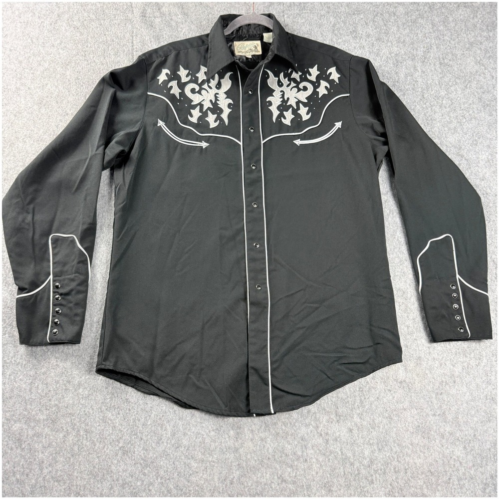 Roper Men L Western Pearl Snap Shirt Embroidered Black Long Sleeve Cowboy Rodeo